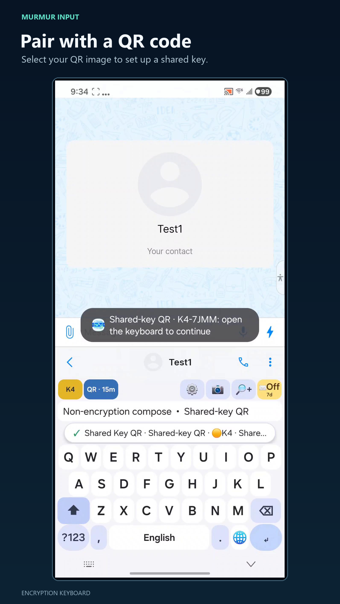 Murmur Input shared-key QR pairing on an Android phone
